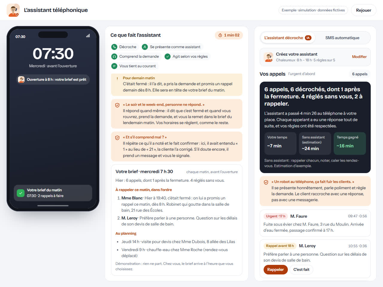 Écran de la démonstration « Appels manqués »
